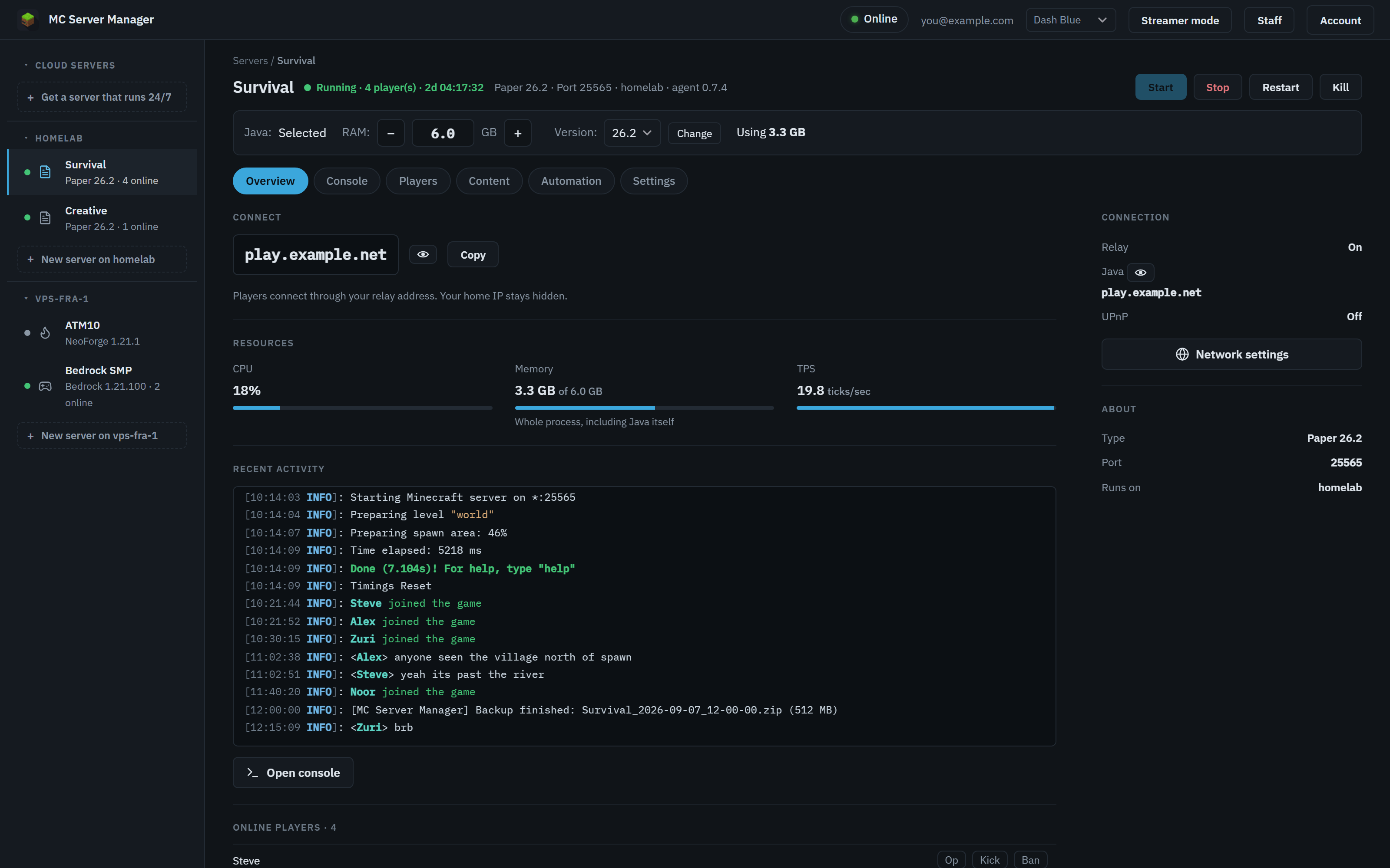 The web dashboard with two Linux machines in the sidebar, homelab and vps-fra-1, with the Survival server's overview showing its relay address, CPU, memory and TPS