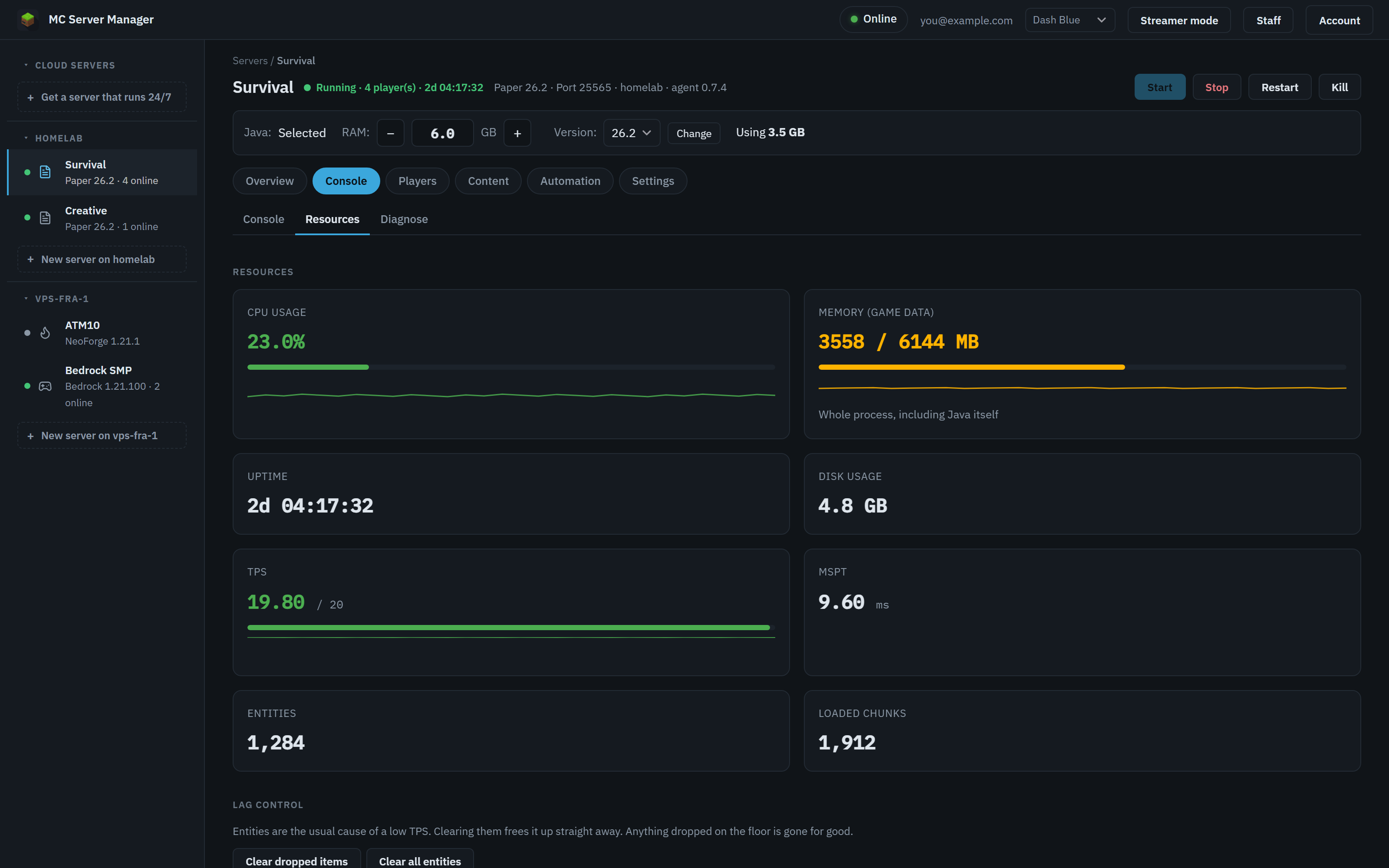 Resources tab with CPU, RAM, TPS, MSPT, entity and chunk counts for a server on a Linux machine